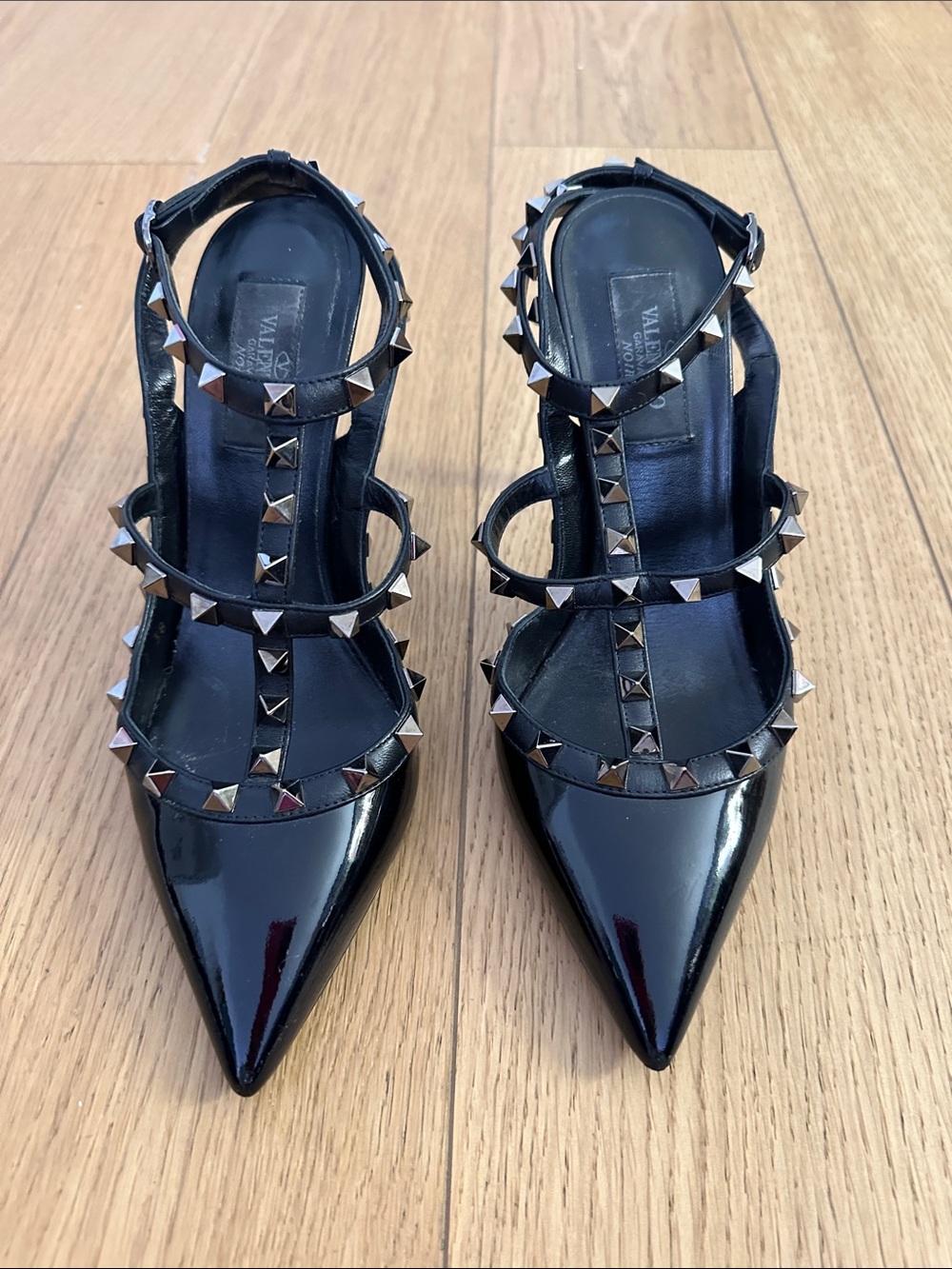 Valentino Black Patent Leather Rockstud T-Strap Pointed Heels